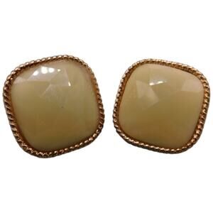 Pierced Women Earrings Beige Color Tone Faceted Cushion Shaped Beads Gold Tone